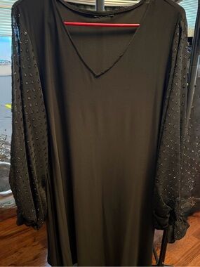 Black Beaded Sheer-Sleeve Long Sleeve Women’s Dress